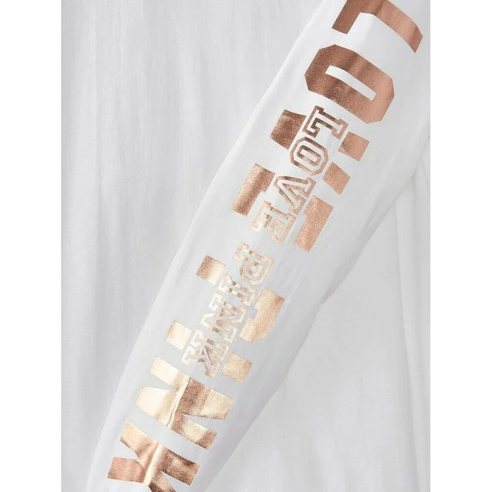 VS VICTORIAS SECRET PINK SHINE CAMPUS LONG SLEEVE TEE TOP ROSE GOLD SHINE XXL - Picture 6 of 7
